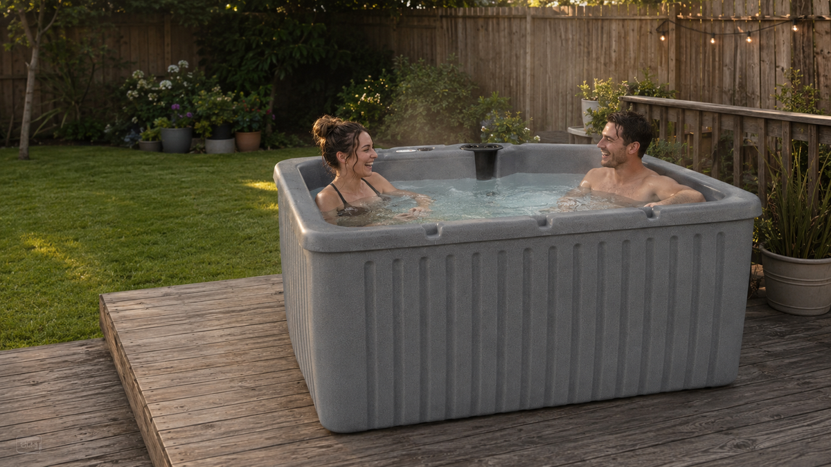 gray hot tub with 2 people in water on a wooden deck showing grass, fence and trees.
