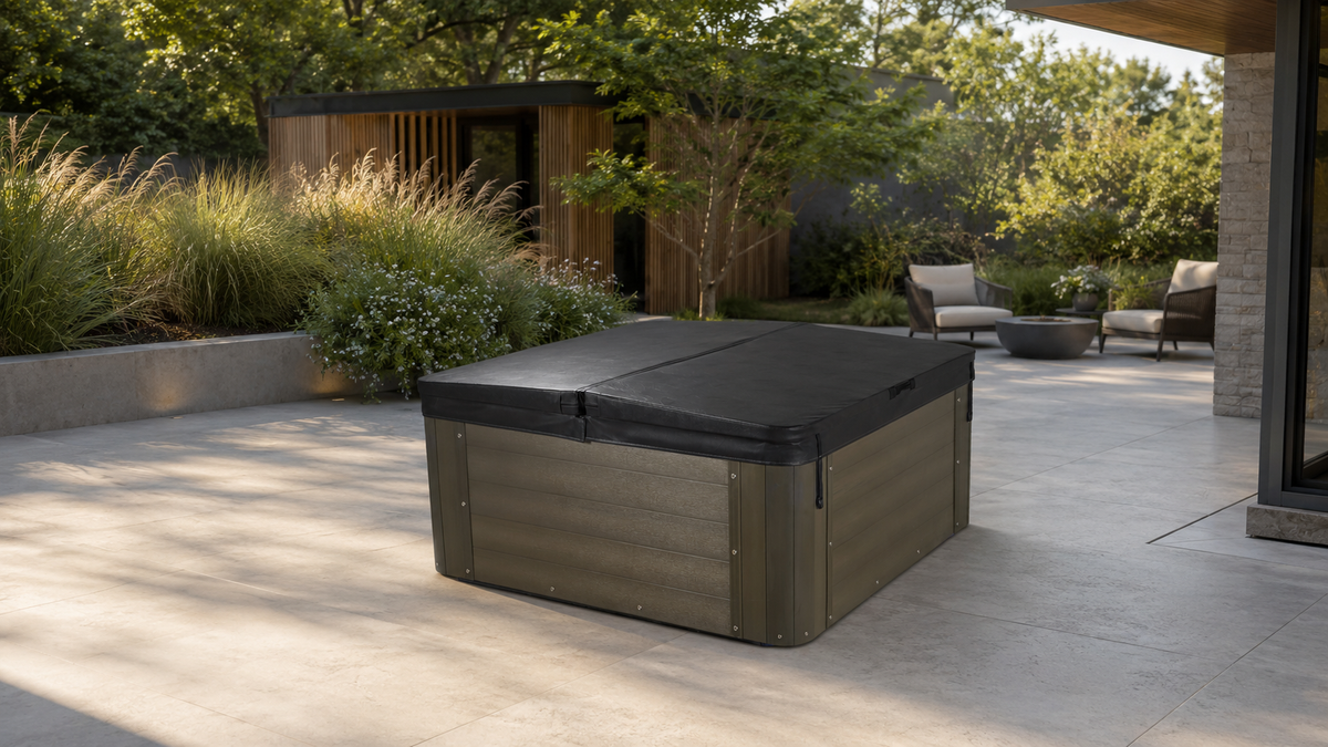 hot tub with cover on a contemporary patio with trees and patio furniture