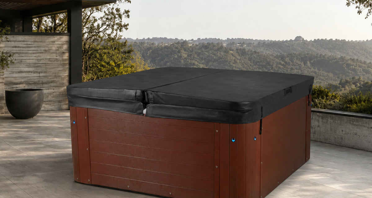 redwood spa with cover on patio with sky, mountains and trees
