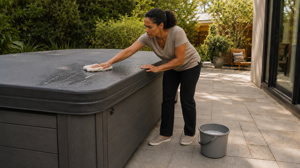 woman cleaning hot tub cover with a rag. Bucket with water is on patio floor