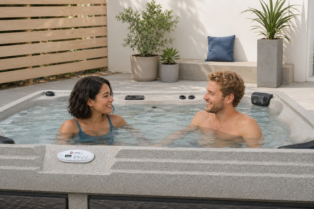A man and a woman relax in a gray outdoor hot tub on a patio, with potted plants, a wooden slat wall, and a white wall in the background.