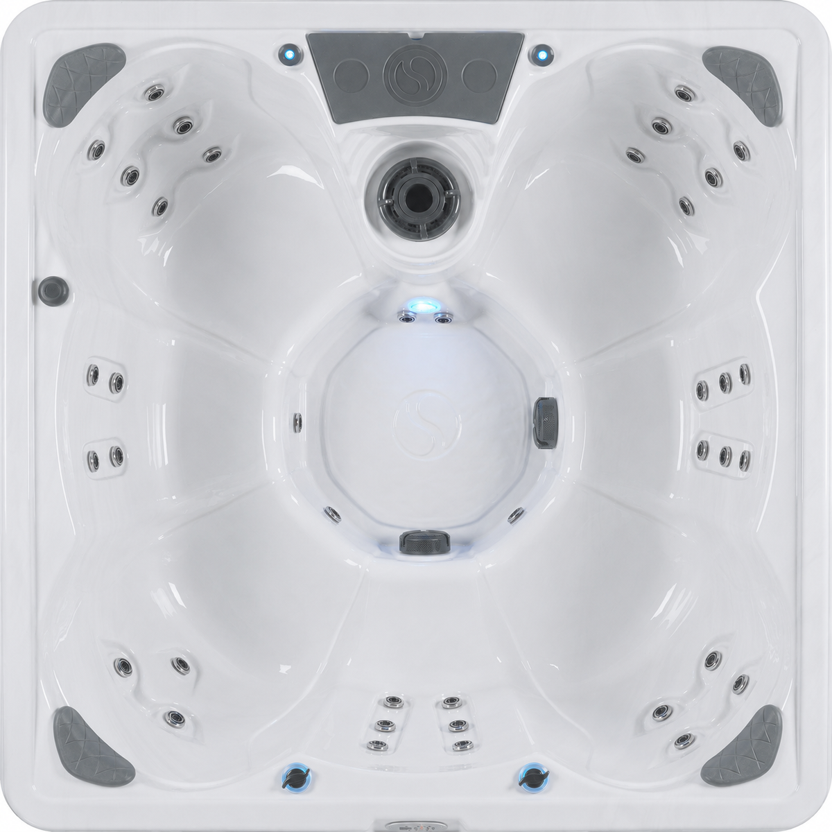 Top-down view of a white hot tub with multiple jets, shown on a plain white background.#seating_non-lounger