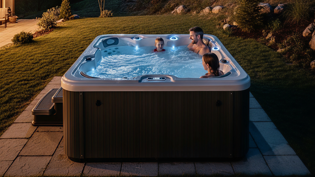 Family in a hot tub outdoors at night with a scenic background