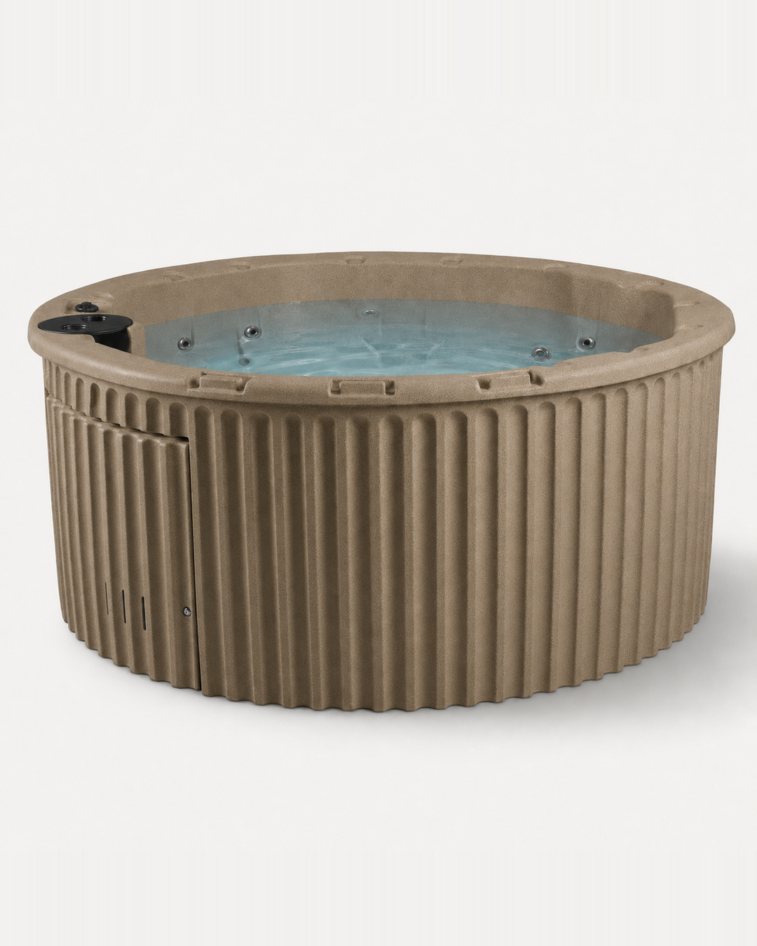 A round outdoor hot tub with a ribbed beige exterior and light blue water, shown against a plain light gray background. #color_cobblestone