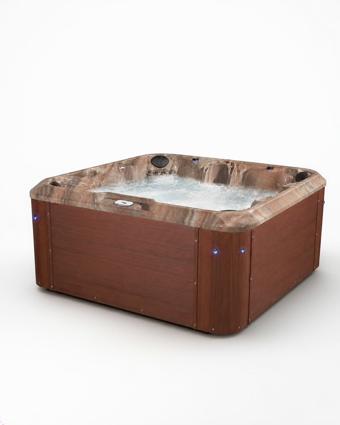 A square hot tub with a brown wood-look exterior and a brown-and-tan stone-look interior, shown with water circulating inside. Small blue LED lights are visible on the front corners against a plain white background.