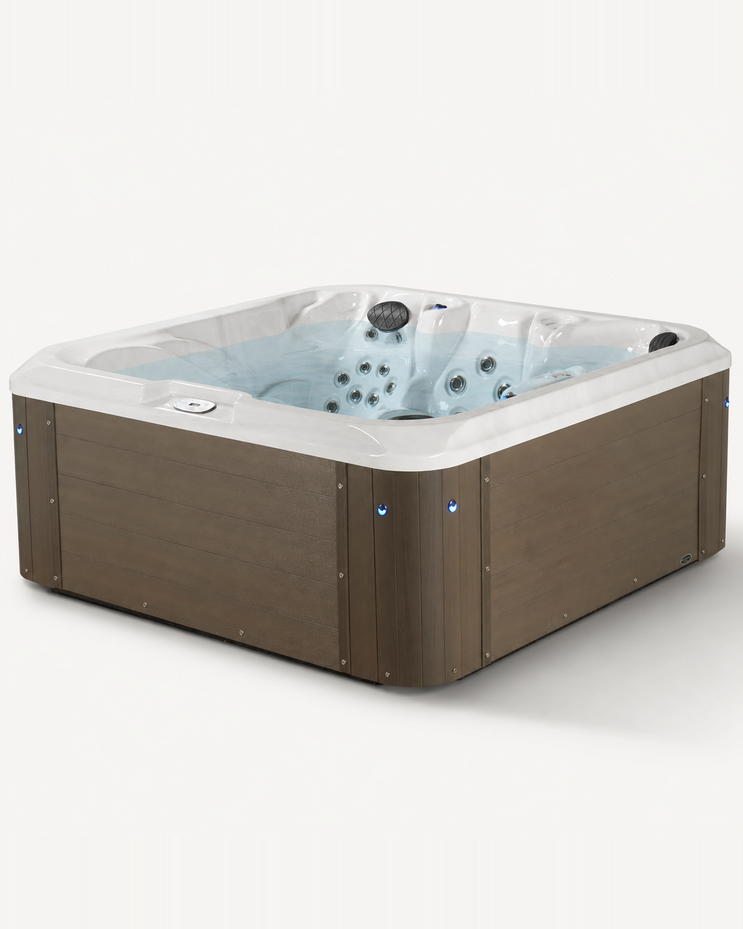 A square hot tub with a brown wood-look exterior and a white interior rim, shown on a clean light gray background.
