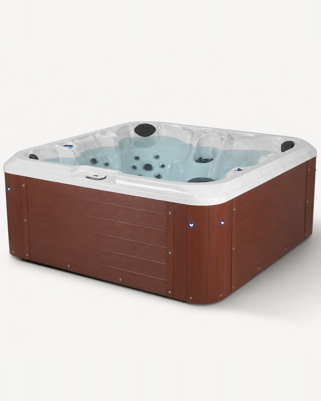 A square hot tub with a brown wood-look exterior and a white top rim, shown on a plain light gray background.