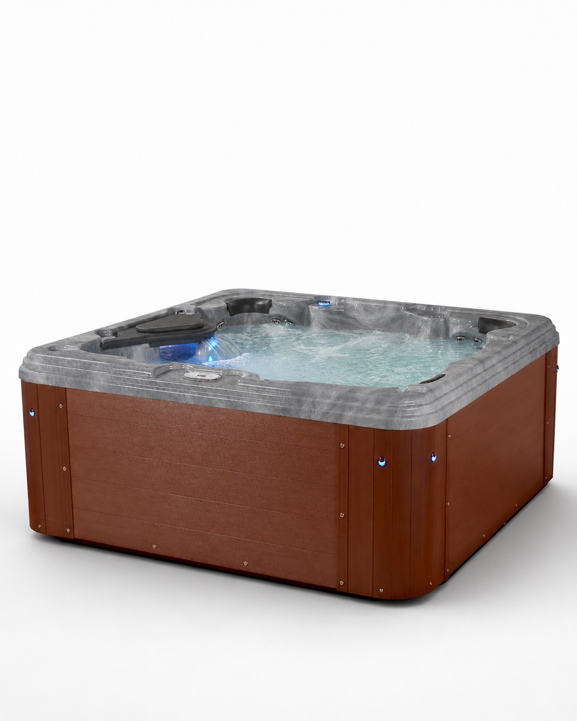 A square hot tub with a brown wood-look exterior and a gray textured interior shown with water running and jets visible on the top deck, isolated on a white background.