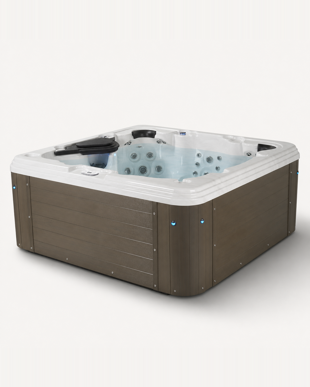 A square hot tub with a brown wood-look exterior and a white interior, shown on a clean light gray background.