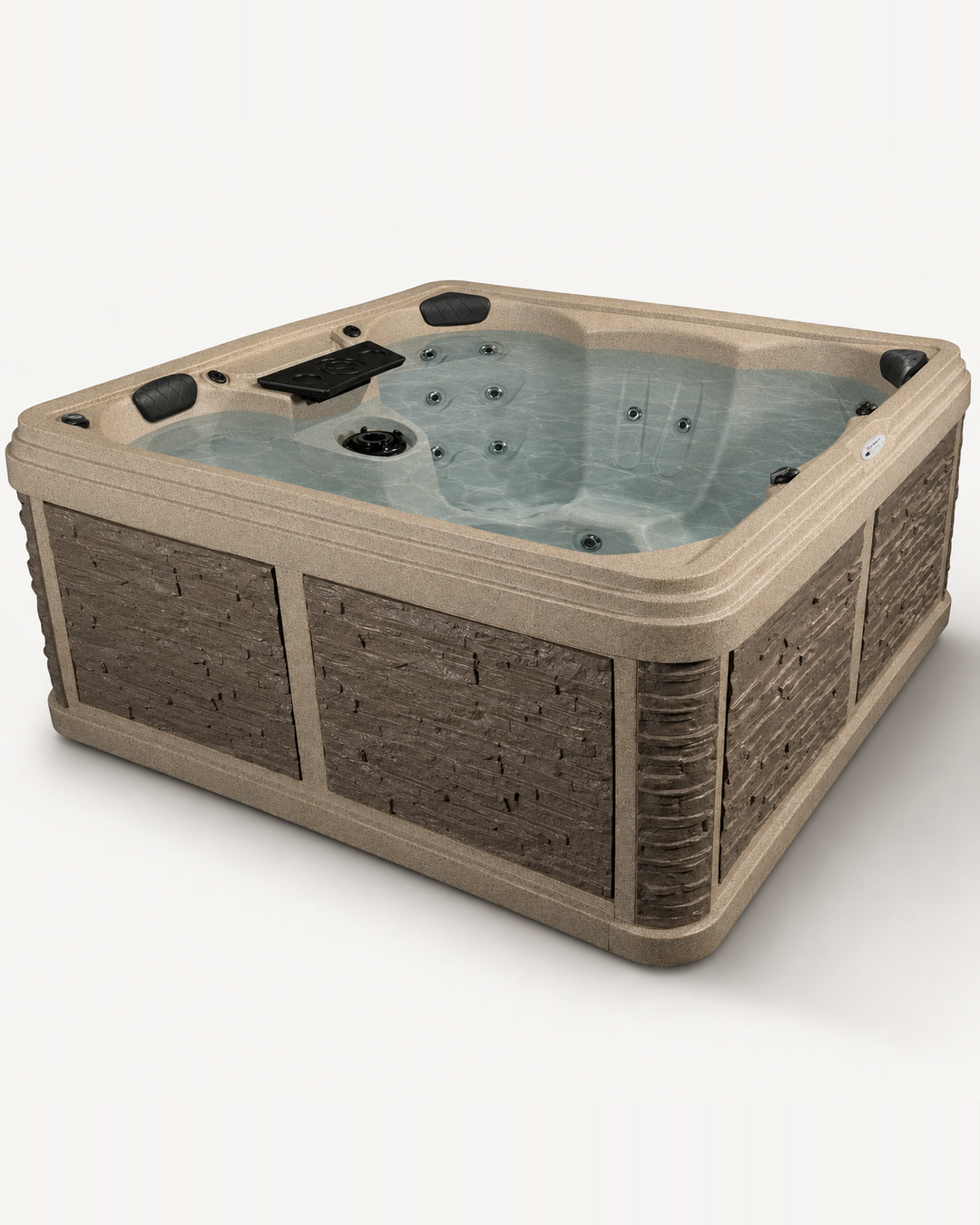 A square hot tub with a beige exterior, textured brown side panels, and a light blue water-filled interior, shown on a plain light gray background.
