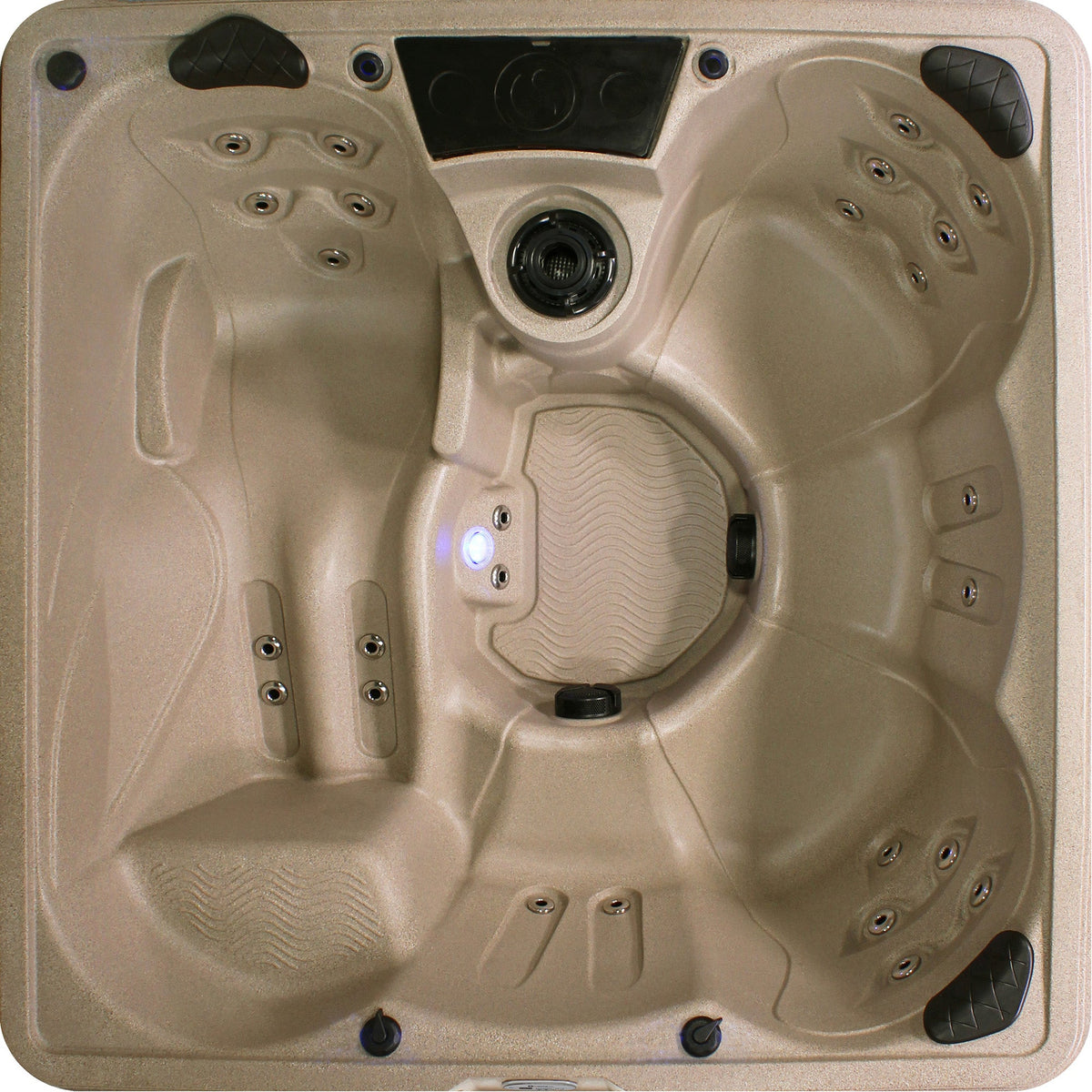 Top view of a beige hot tub with control panel and jets.