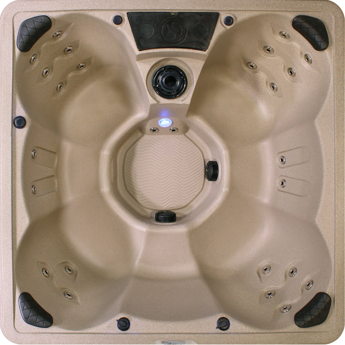Top view of a beige hot tub with stainless steel jets