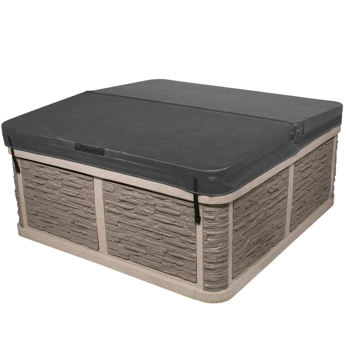 Redwood hot tub with a gray cover on a white background