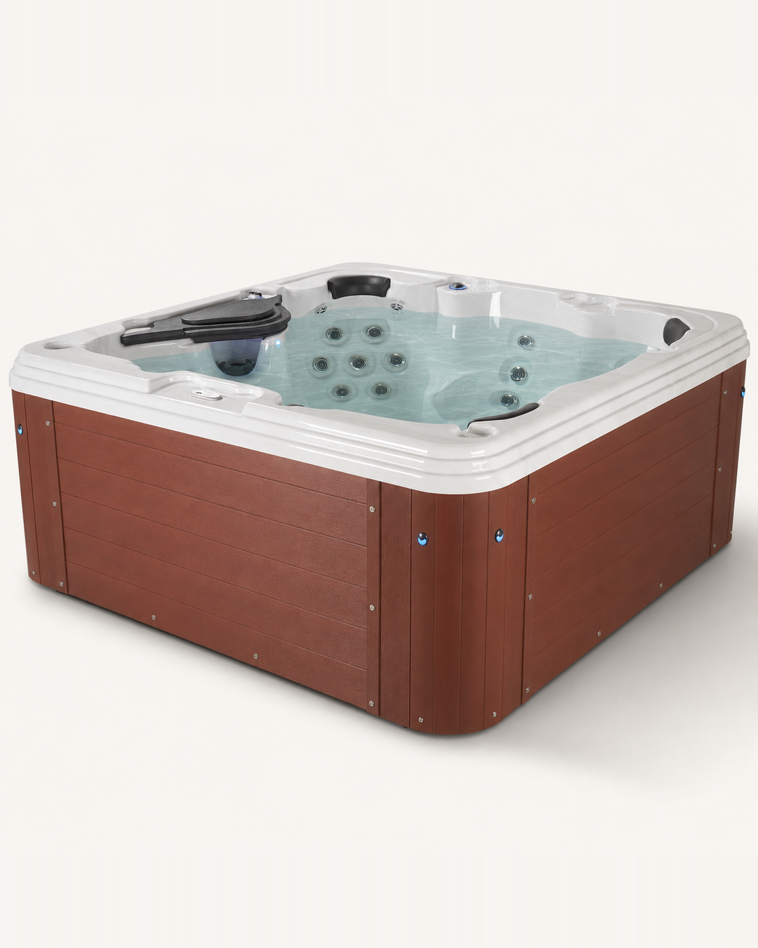 A square hot tub with a brown wood-look exterior and a white interior, shown filled with light blue water on a plain light background.