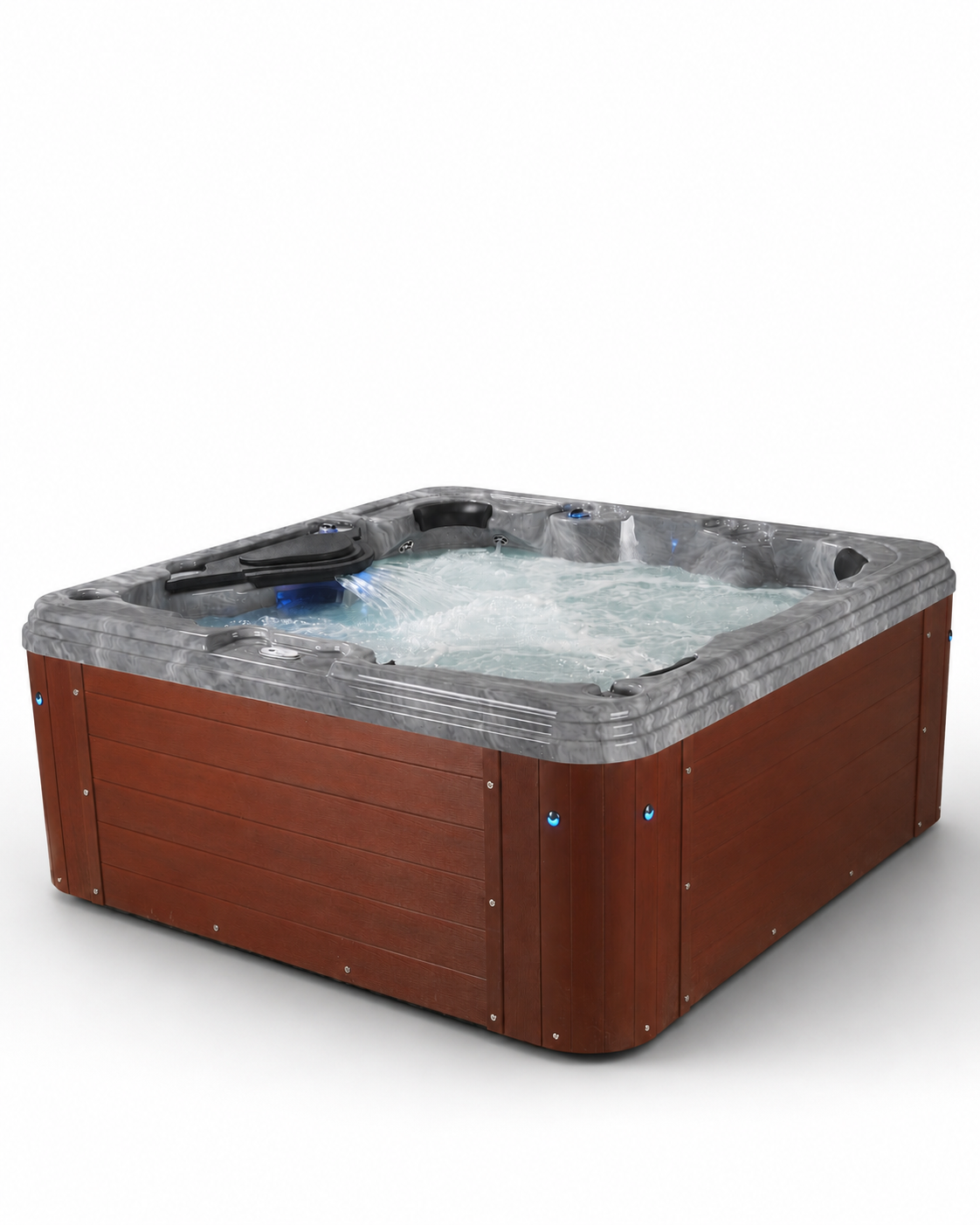 A square hot tub with a brown wood-look exterior and a gray stone-look interior, shown with water jets running in the tub against a white background.