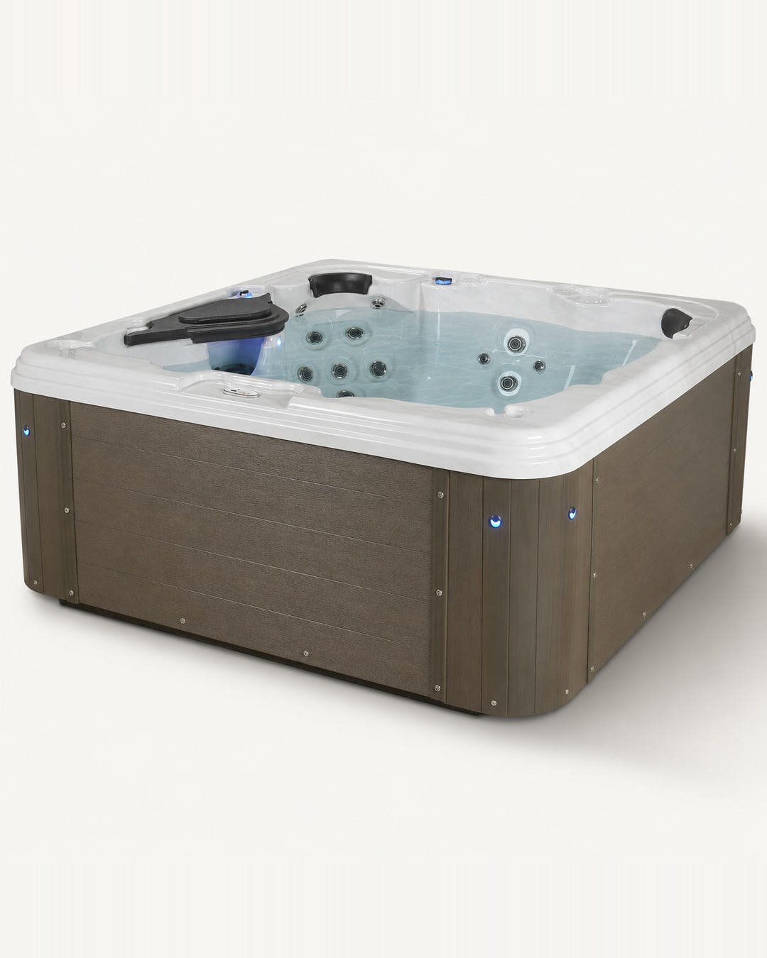 A square hot tub with a brown wood-look exterior, clear plastic shell, and light blue water, shown on a plain light background.