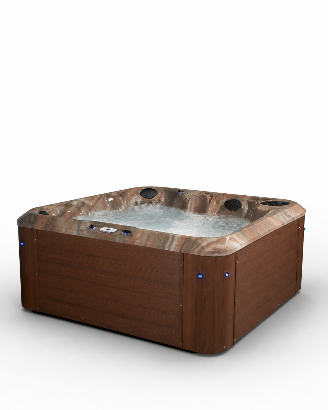 A hot tub with a brown wood-look exterior and a marbled brown and beige interior rim, shown with water jets running in the tub against a plain white background.