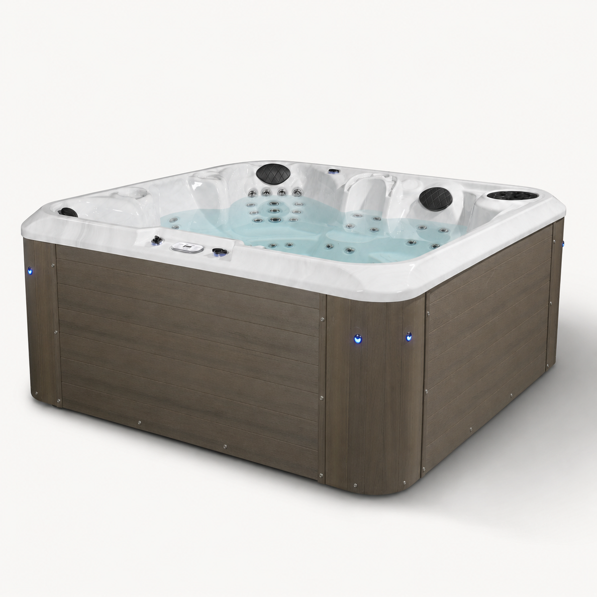 A square hot tub with a brown wood-look exterior and a white interior, filled with light blue water. The hot tub features multiple seating positions, built-in cup holders, and blue LED light accents on the side panels.