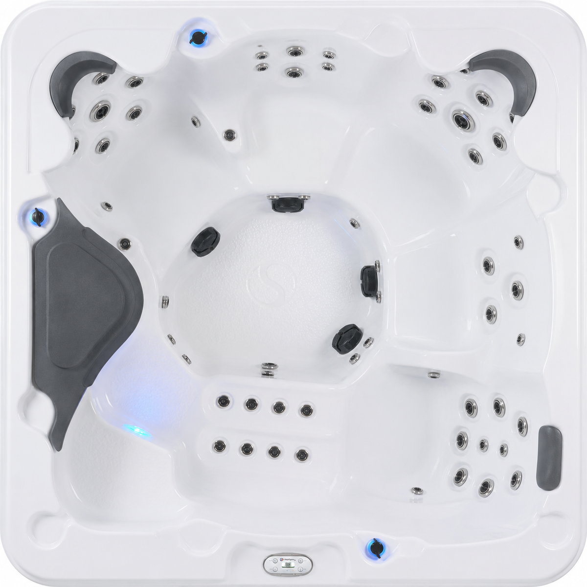 Top-down view of a white multi-person hot tub with black headrests and blue LED lighting accents.