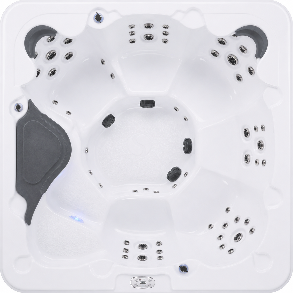 Top-down view of a white multi-person hot tub with multiple jet nozzles and black pillows.