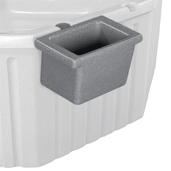 A gray rectangular plastic ice bucket hot tub accessory shown on a ghosted image of the corresponding hot tub