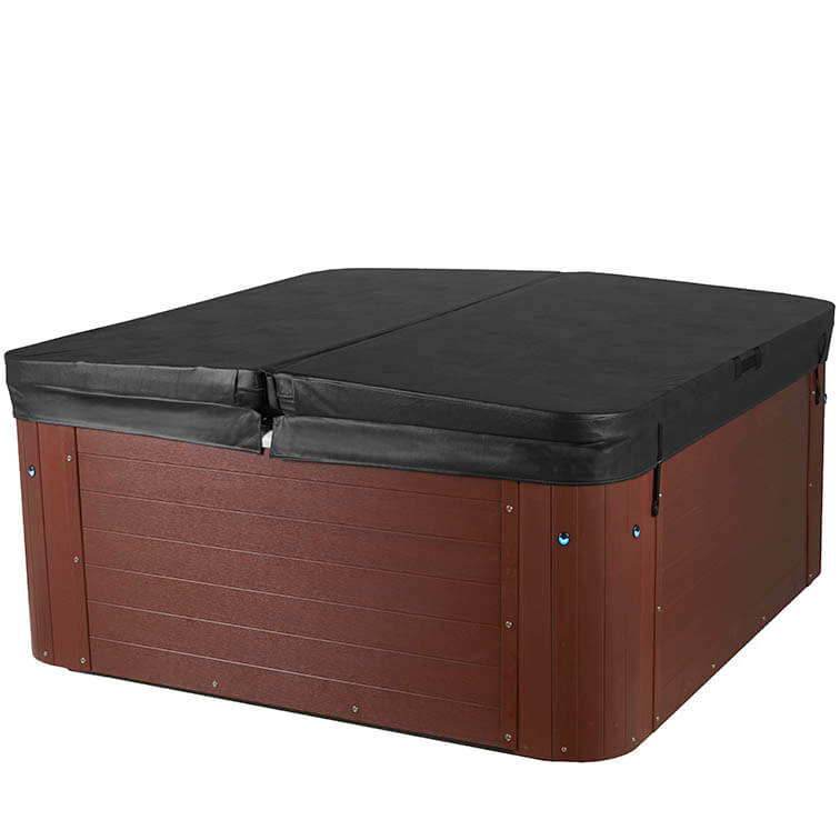 Brown hot tub with a black cover on a white background #cabinet_sonoma-redwood