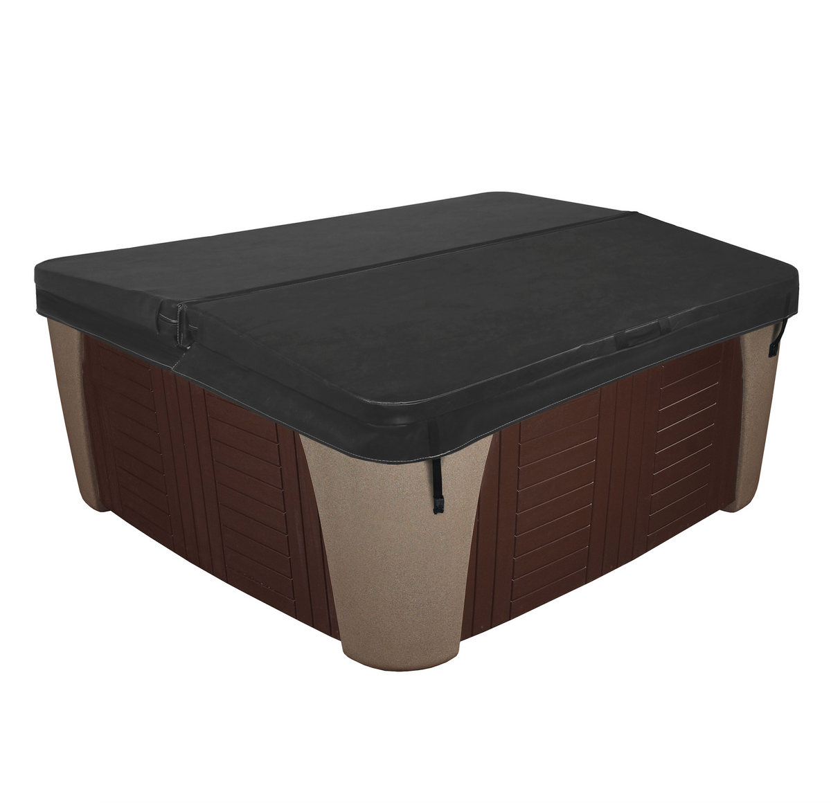 A black vinyl hot tub cover with latches and straps, shown fitted over a brown and beige hot tub on a plain white background.