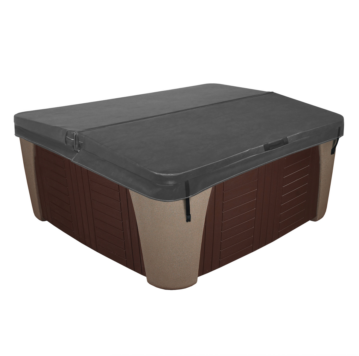 A dark gray spa cover , shown on a brown and beige plastic hot tub or spa unit against a plain white background.