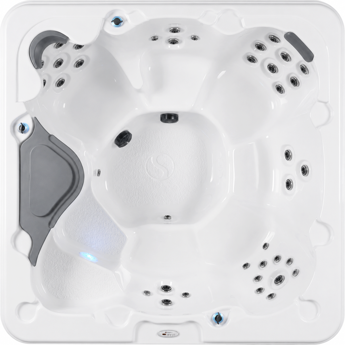 Top-down view of a white multi-person hot tub with multiple black jet nozzles, shown on a plain white background.