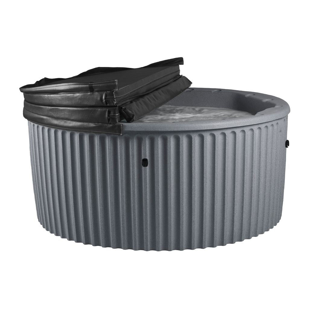 A round hot tub with a ribbed gray body and a black cover, half open, shown on a plain white background.