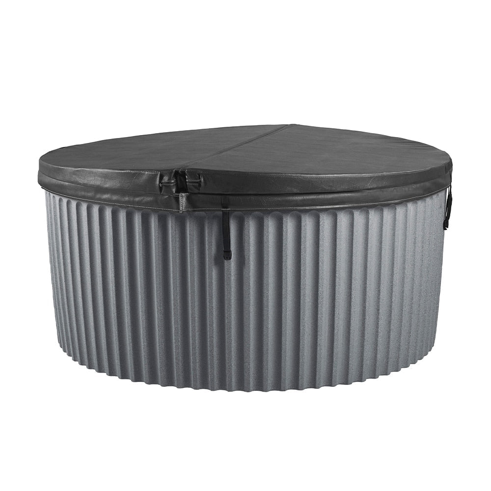 A round hot tub with a ribbed graybody and a gray cover, shown on a plain white background.