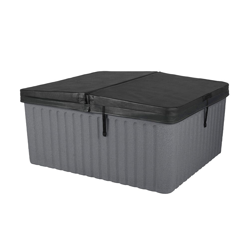 A rectangular hot tub with a ribbed gray body and a black cover, shown on a plain white background.