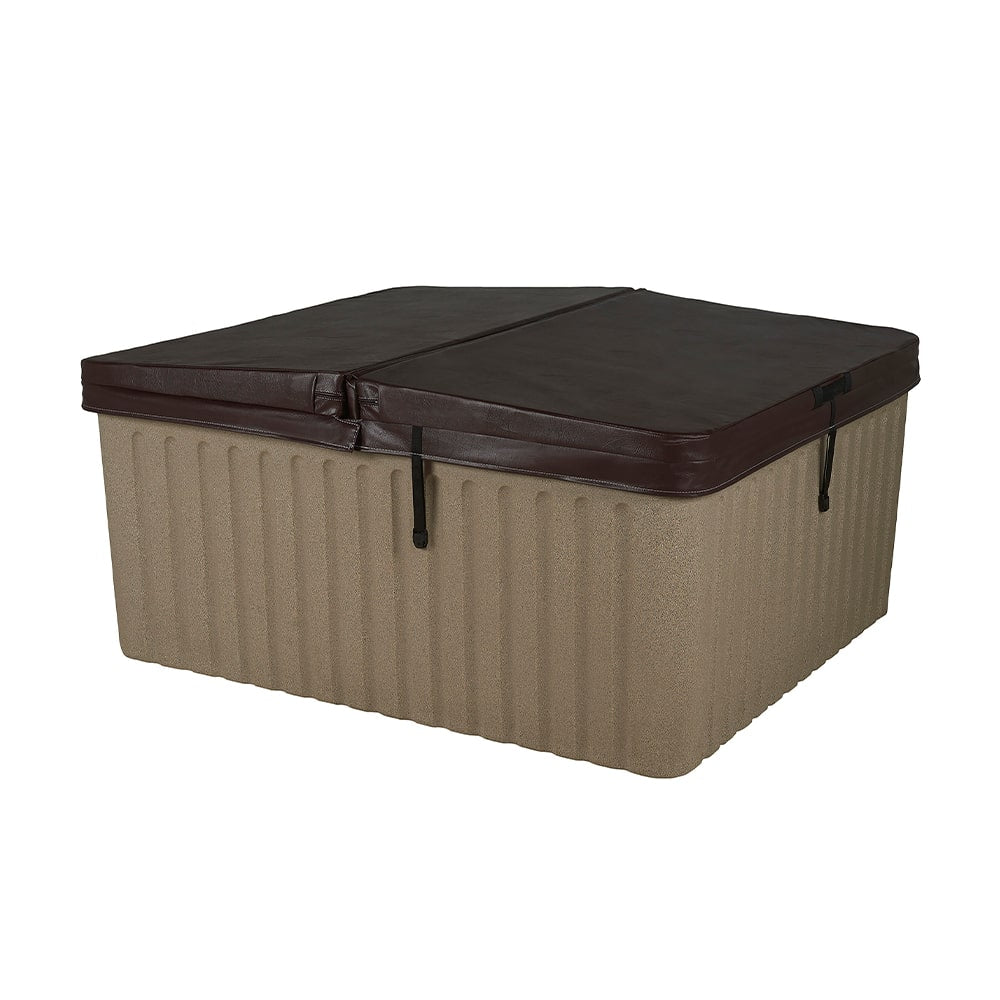 A rectangular hot tub with a ribbed tan body and a brown cover, shown on a plain white background.