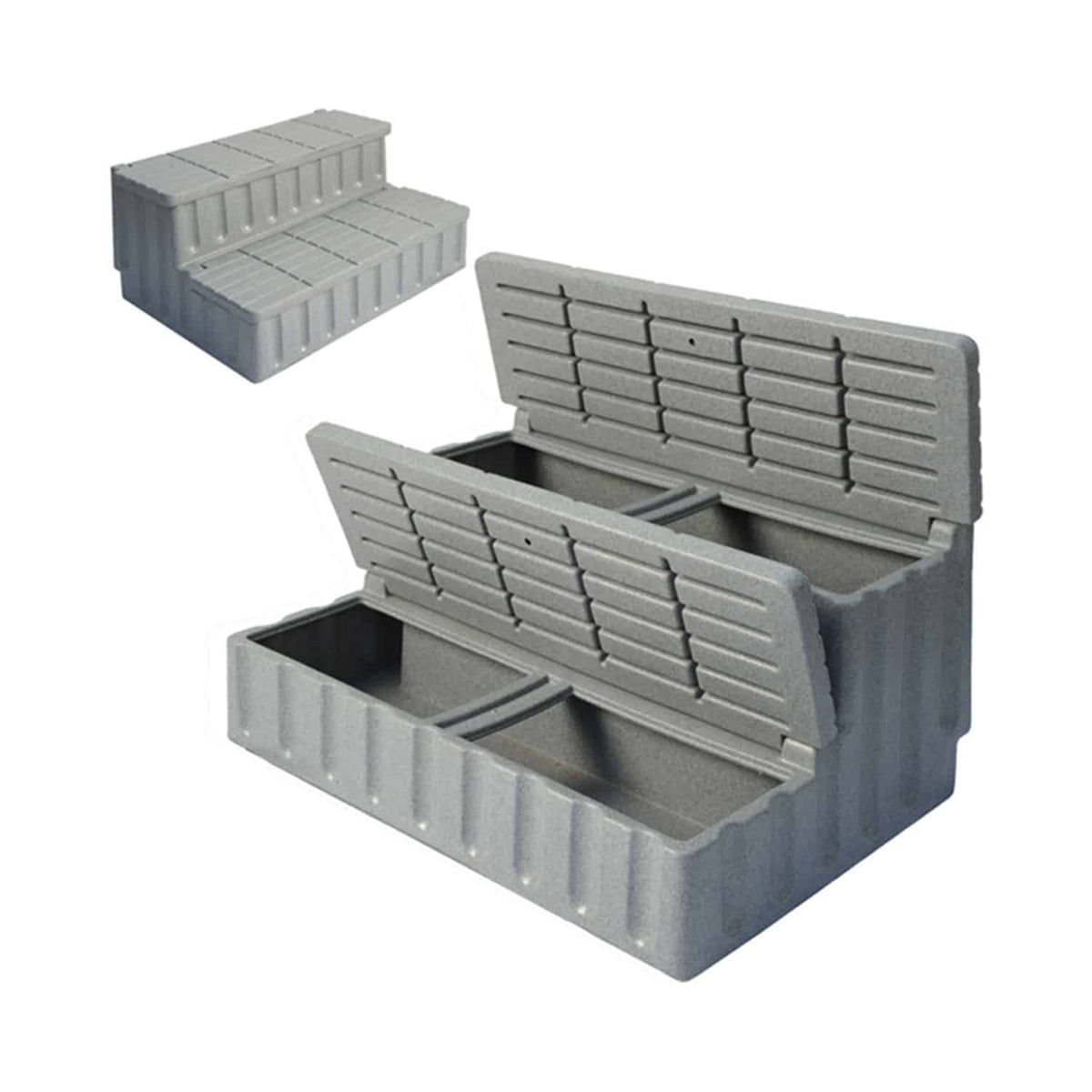 Gray storage steps for hot tubs, shown open and closed on a white background