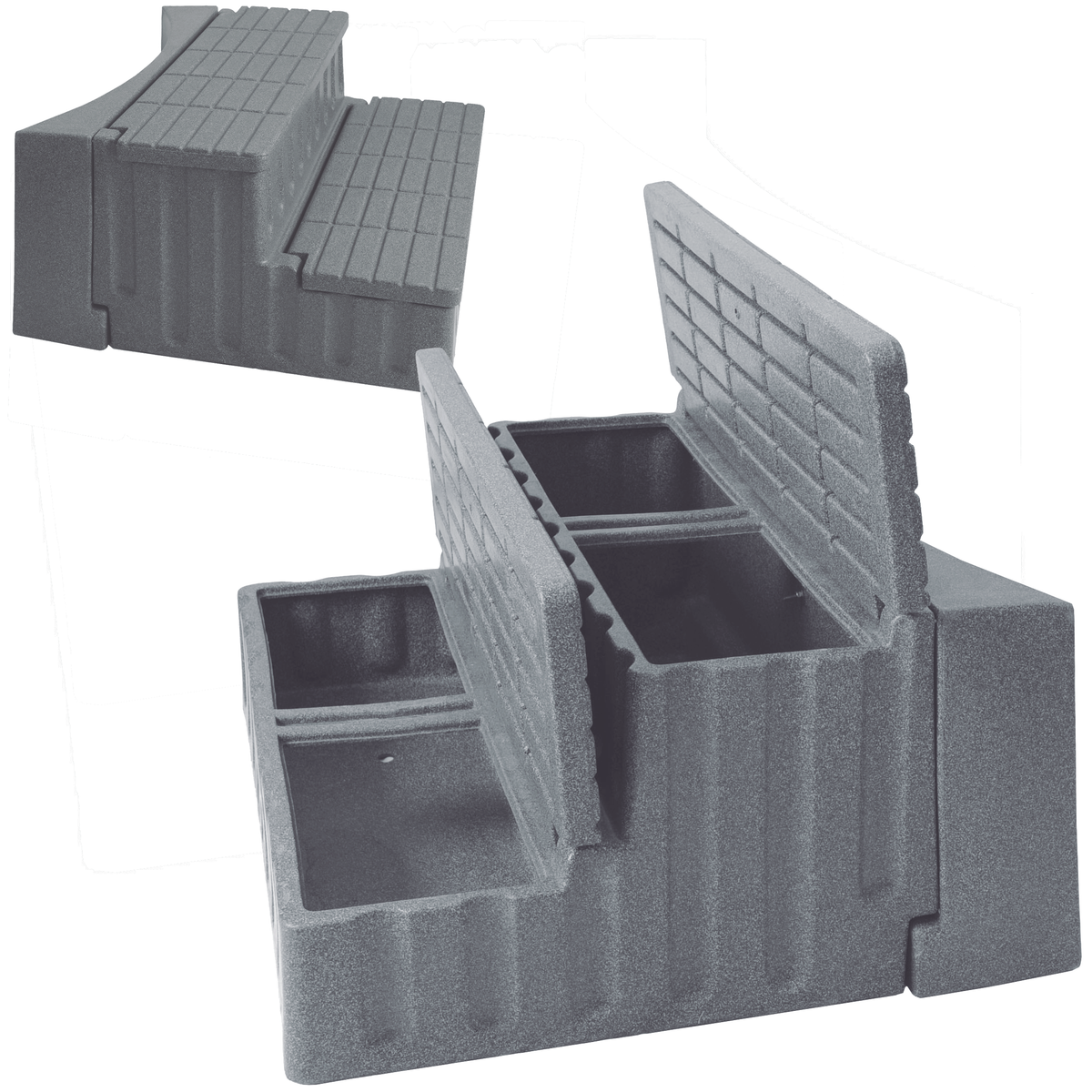 Gray storage steps with adapter for curved hot tubs, shown open and closed