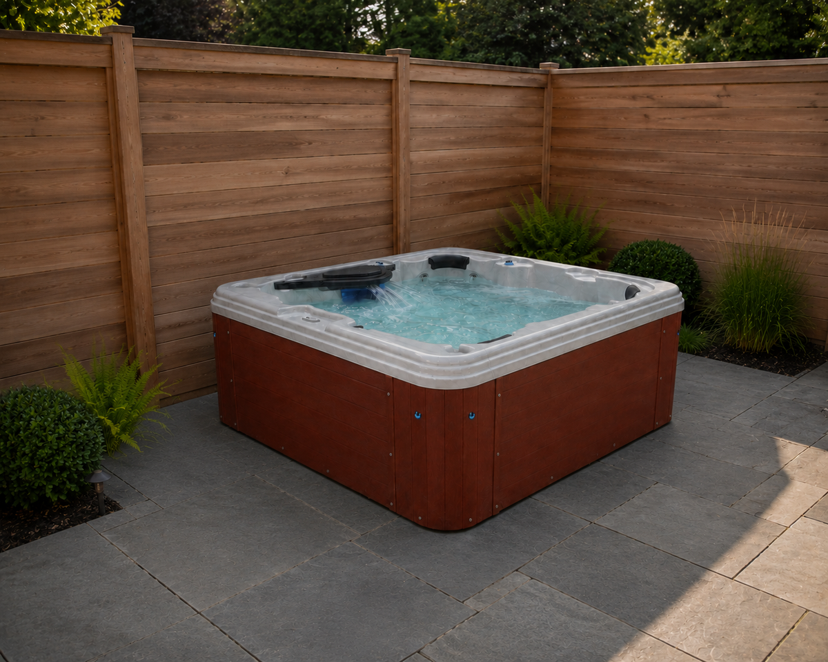 redwood hot tub on patio in front of wooden fence