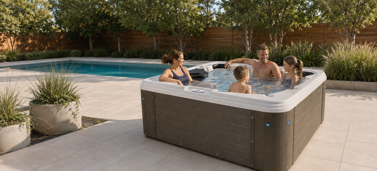 family of 4 people in a hot tub in nice backyard with pool, trees and plants