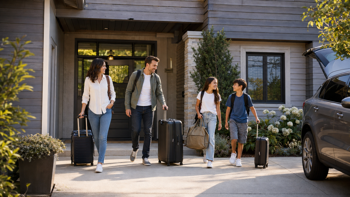 family of 4 leaving house with suitcases, house in background, car with open trunk in foreground