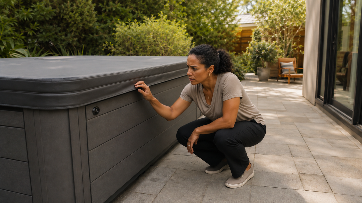 woman squatting beside hot tub  looking intently at the cover, patio, trees and house in background