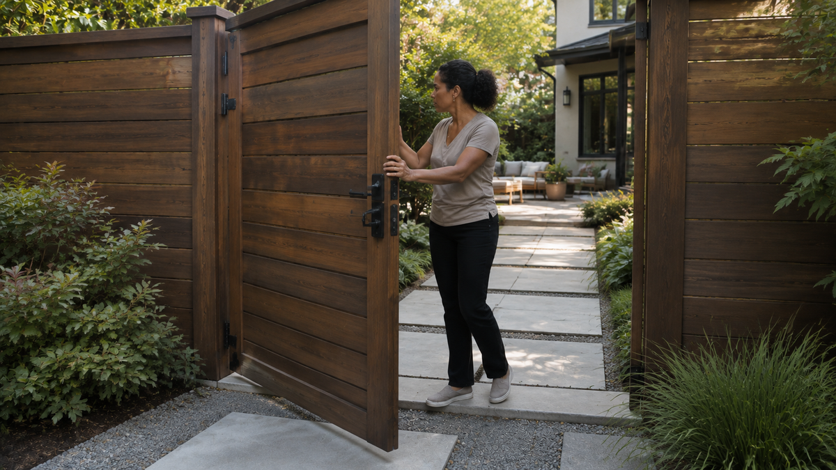 woman opening gate of fence to patio with sidewalk, house, plants and trees