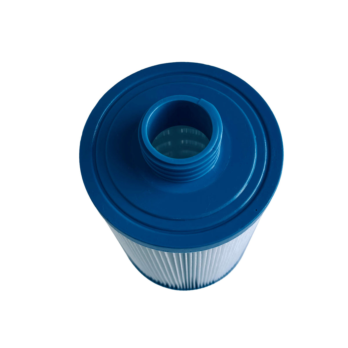 Bottom view of a white pleated spa filter with blue top and bottom on a white background