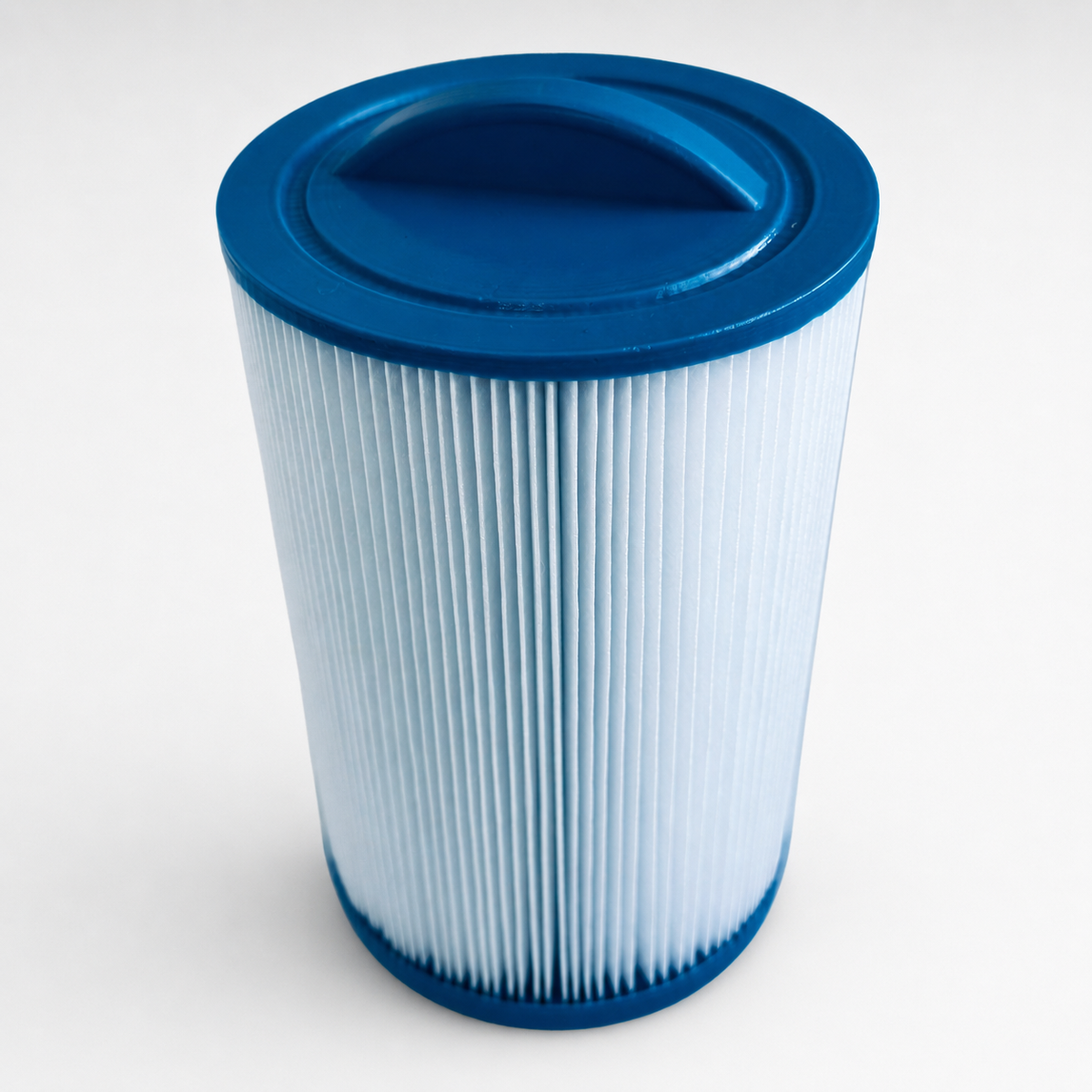 White pleated spa filter with blue top and bottom on a white background