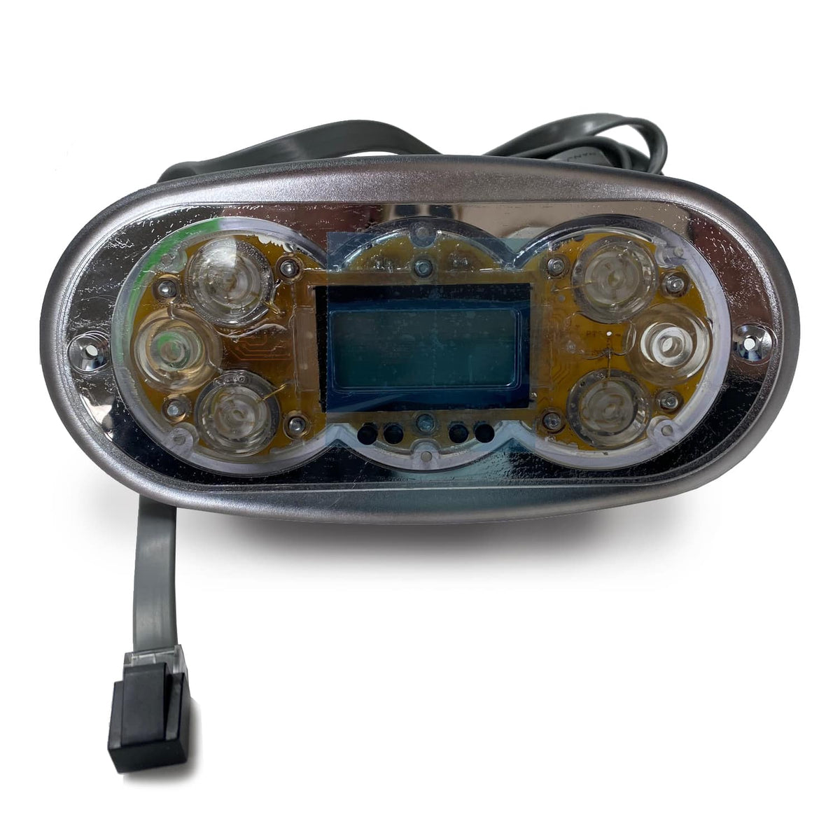 Electronic device with a screen and metallic casing on a white background