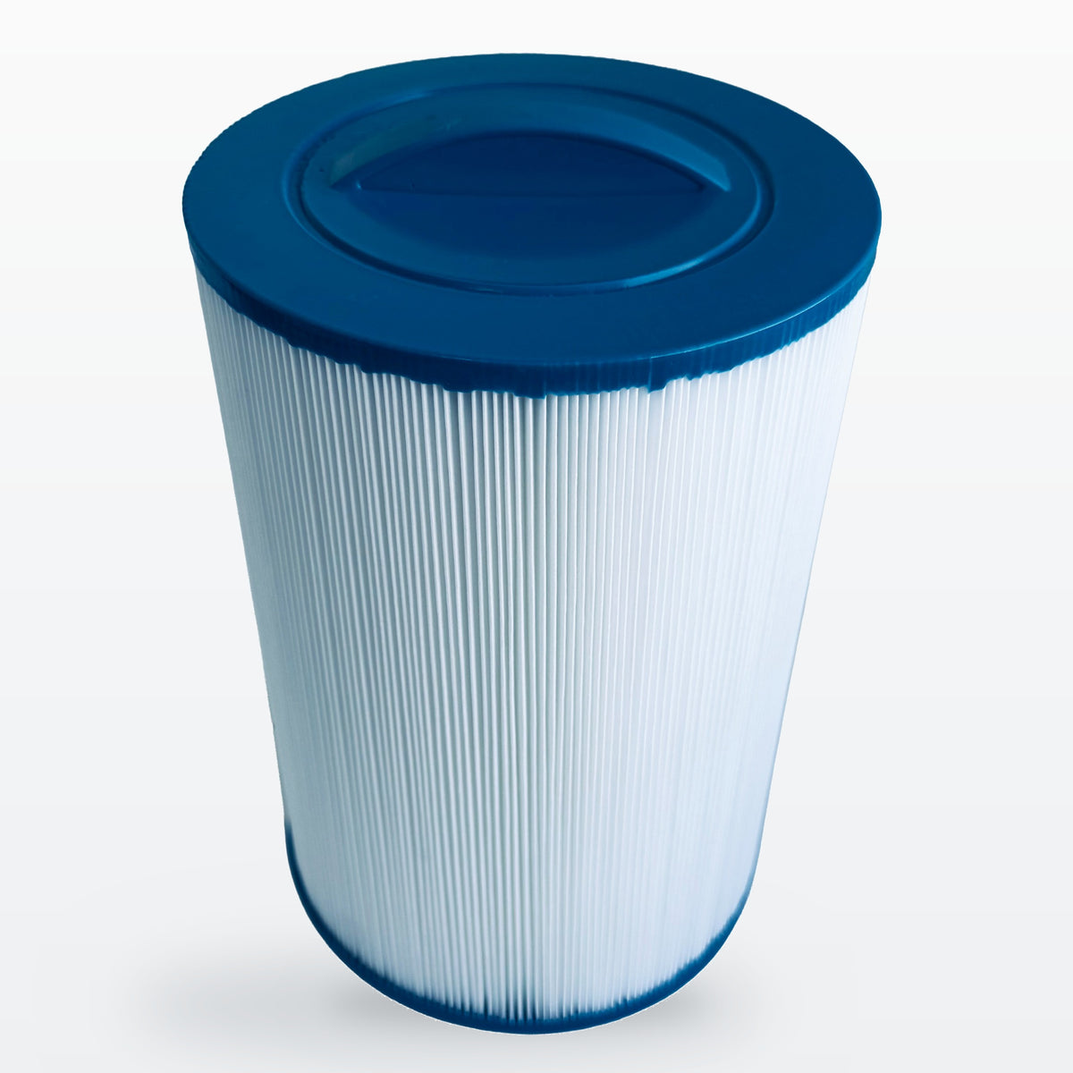 A cylindrical pleated filter cartridge with a white pleated body and dark blue plastic end caps, shown on a light gray gradient background.