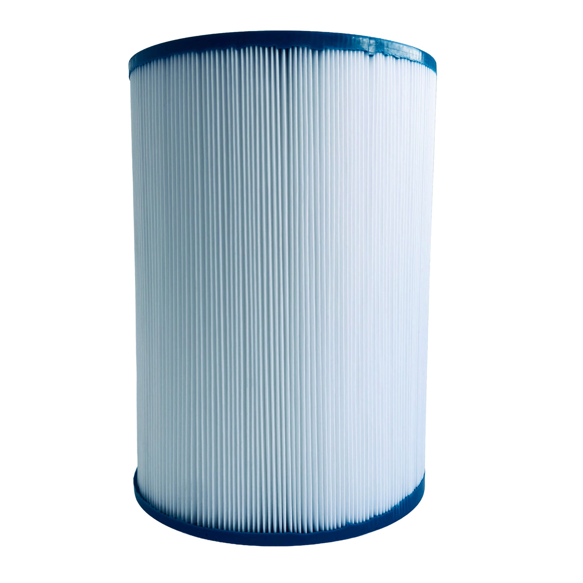 Cylindrical filter cartridge with blue rim on a white background