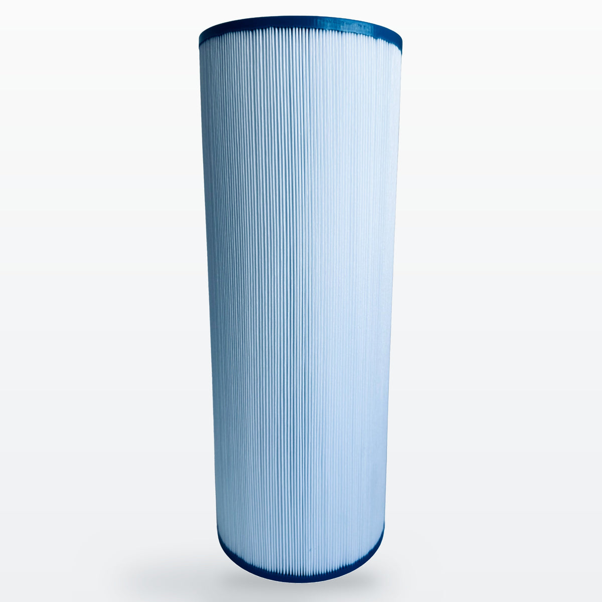 Front view of a pleated spa filter on a white background