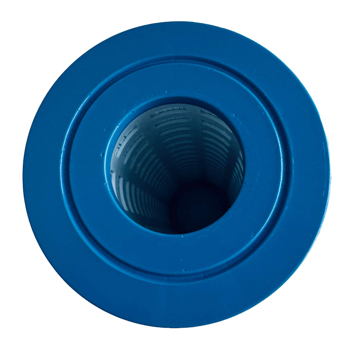 End view of a pleated spa filter on a white background