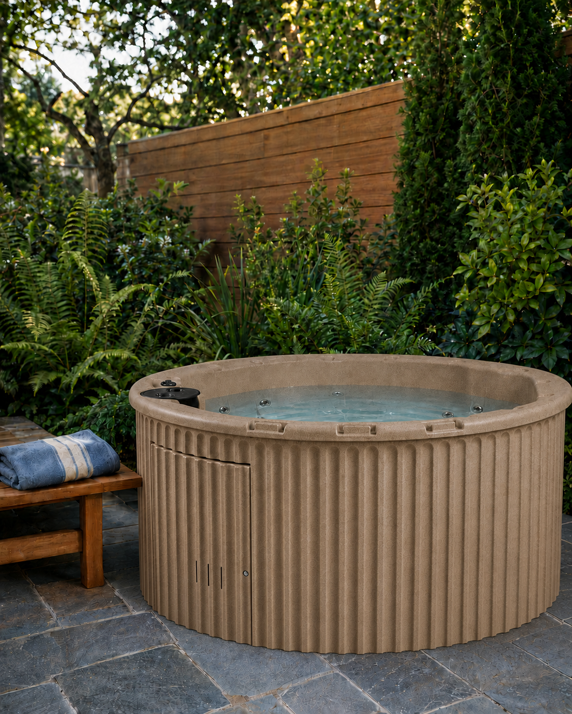 An outdoor round Corona hot tub with a ribbed beige exterior and clear water, set on a stone patio in a landscaped garden with greenery and a wooden fence.