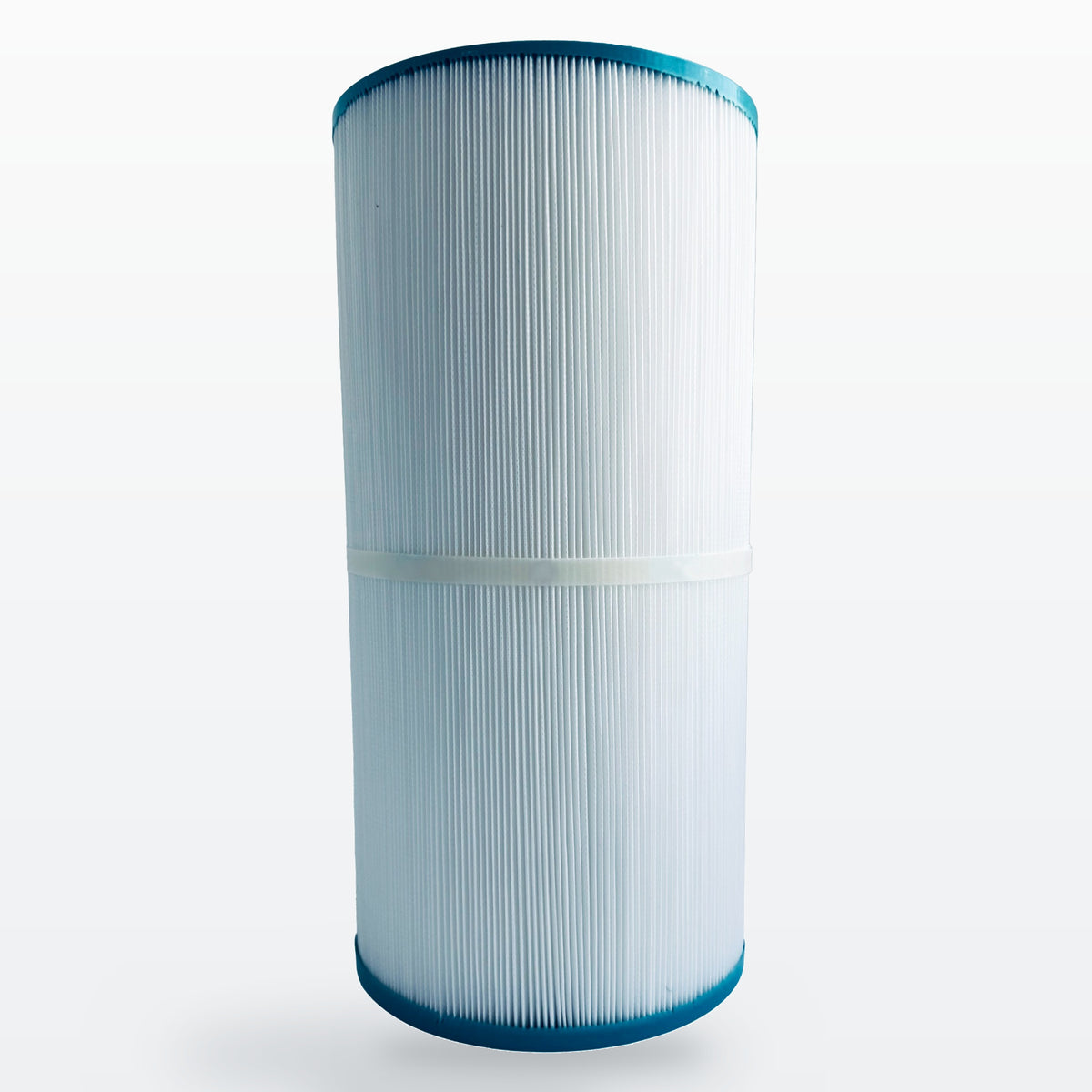 Front view of a pleated spa filter on a white background