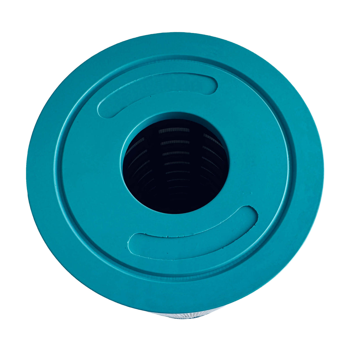 Bottom view of a spa filter on a white background